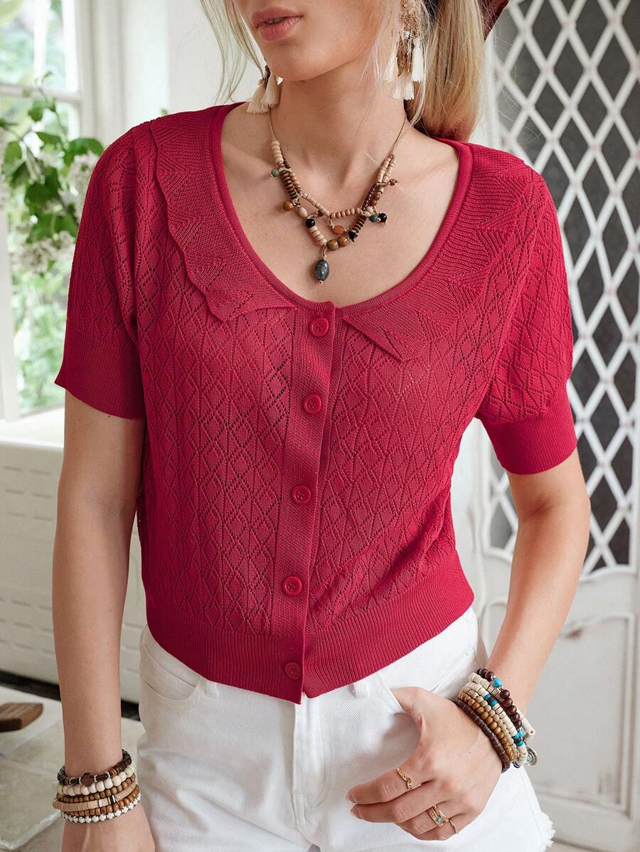 LanaWest Cárdigan de manga corta de punto con diseño calado y unicolor casual para vacaciones para mujeres - Rojo - Ver 1