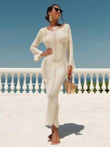 Swim Chiccia New Solid Color Women's Spring/Summer Crochet Mesh Hollow Out Design Dress Beach Cover Up Dress, Resort Style