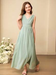 SHEIN Vestido formal largo de gasa verde sólido con cuello en V, sin mangas y cintura alta, adecuado para ceremonias de graduación, para niñas - Verde - Ver 3