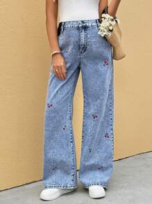 SHEIN 孕妇度假休闲樱桃刺绣牛仔裤 - 藍色 - 查看 3