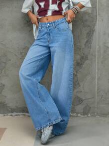 EURMUSE 女士低腰 WODELEG 休闲街头服饰 Y2K 水洗卷边 - 淺色水洗藍 - 查看 3