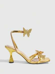 CUCCOO SZL صنادل نسائية ذات كعب عالي أصفر بتصميم مربع للأصابع مزين بالفراشات، موضة جذابة