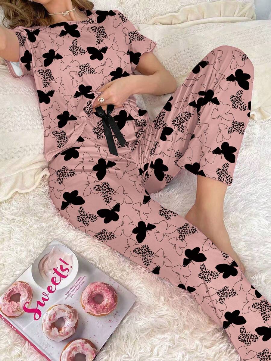 SHEIN Butterfly Print Women's Crew Neck Short Sleeve T-Shirt & Long Pants Pajama Set - Multicolor - View 1