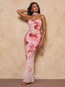 SHEIN BAE 女士花卉印花扭纹设计优雅抹胸连衣裙 - 粉色 - 查看 4