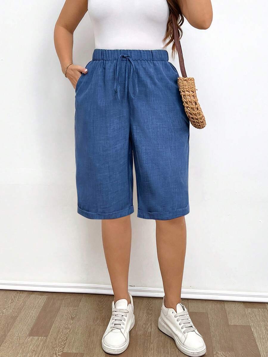 Linhara 大码女式纯色腰带口袋休闲短裤 - 藍色 - 查看 1
