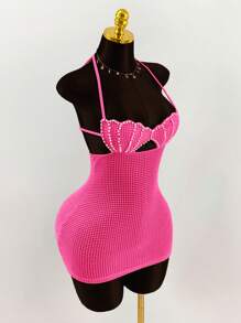 Amplova Vestido mini ajustado de ganchillo con parte superior halter atada y espalda descubierta con detalles de concha de perla - Rosa Fucsia - Ver 3