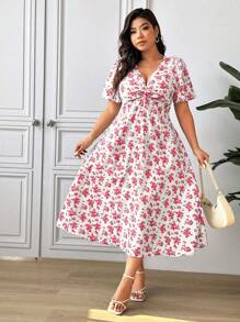 SHEIN Frenchy 大码女式度假花卉印花扭结短袖优雅连衣裙 - 紅色 - 查看 1