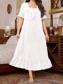 Trezura Plus Size Elegant French Vintage Style Soft Knit Midi Sleep Dress, With Sheer Lace Trim Detail, Comfortable Casual, Moo Moo Sleep Dress