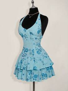 SHEIN ICON Váy ngắn hở lưng cổ chữ V thêu hoa văn jacquard đính hạt màu xanh mừng sinh nhật dành cho nữ - Màu xanh lam - Xem 8