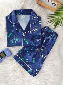 2 件套青少年男孩休闲游戏操纵杆印花短袖上衣和短裤家居服套装 - 彩色 - 查看 5