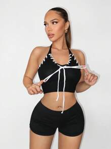 Zolique Áo ba lỗ dệt kim hở vai gợi cảm cổ chữ V màu đen và trắng cho nữ - màu đen - Xem 6