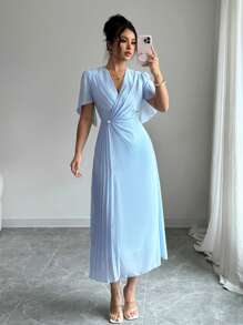 Gloray Einfarbiges Chiffon-Modegewand mit geraffter Taille, elegantes plissiertes Kleid