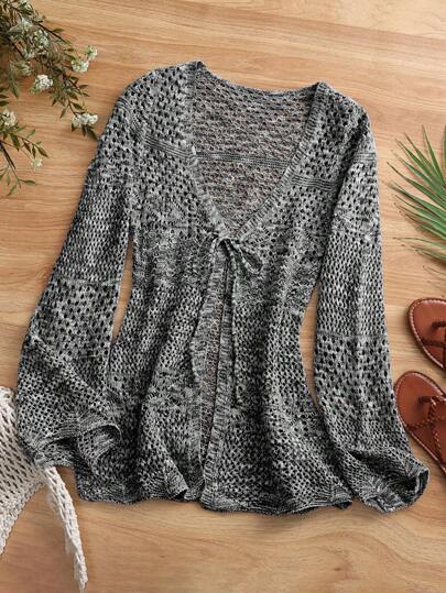 Breezaya 2024 女款V领长袖针织镂空休闲开衫