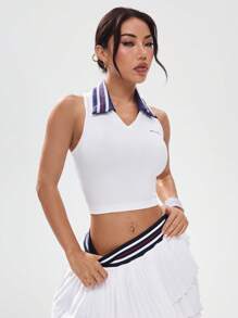 女式拼接领无袖休闲运动 Polo 衫，夏季时尚 - 白色 - 查看 2