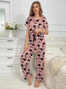 SHEIN Butterfly Print Women's Crew Neck Short Sleeve T-Shirt & Long Pants Pajama Set - Multicolor - View 5