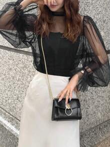 FRIFUL 女士优雅日常米色灯笼袖网眼衬衫长袖女式上衣 - 黑色 - 查看 2