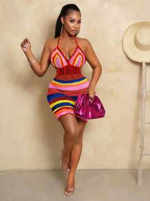 BamGleam Women's Crocheted Rainbow Striped Hollow Neck Sleeveless Vintage Backless Mini Dress - Multicolor - View 1