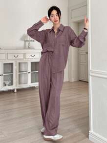DAZY 2pcs/Set Women Solid Color Shirt & Wide Leg Pants,Fall Clothes