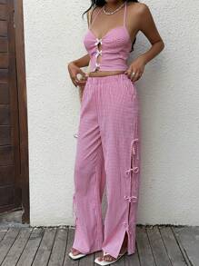 Sunnyshic Women Plaid Bow Tank Top And Hollow-Out Bowknot Pants Set - Multicolor - View 2
