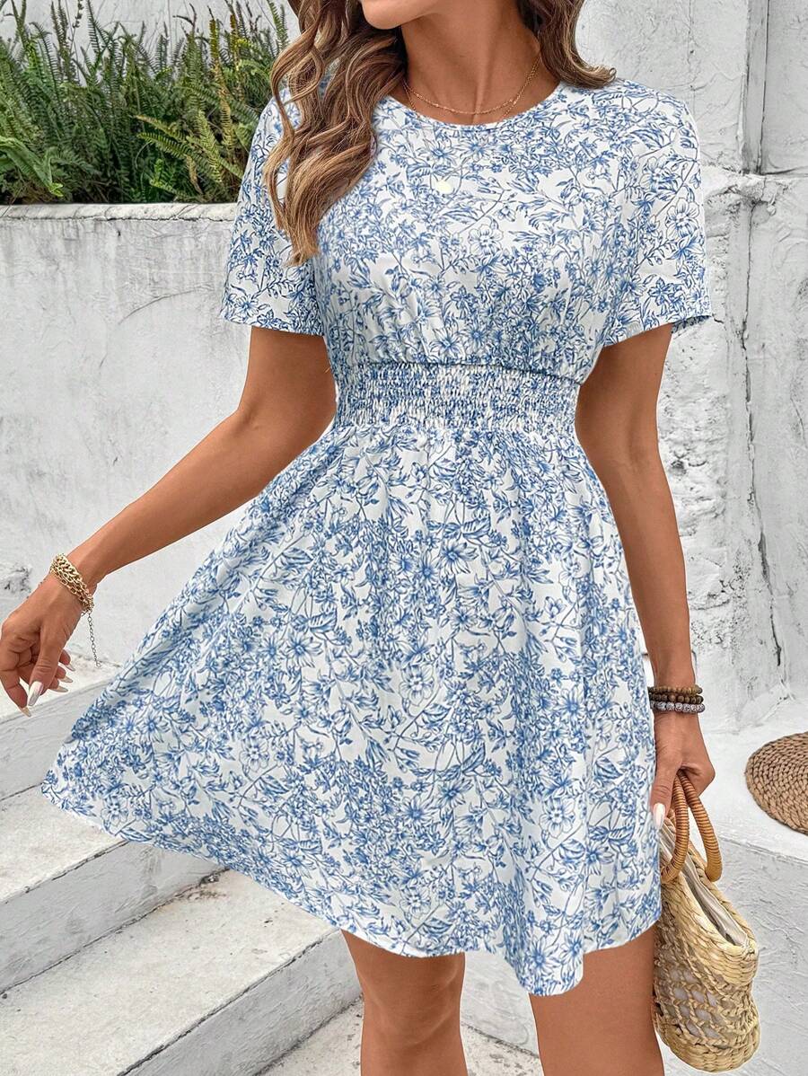 Breezaya INS风格休闲蓝白花卉腰结设计女式半身裙