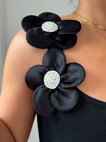 Elenzga 夏季新款女式 3D 花卉珍珠撞色图案装饰方领休闲优雅时尚修身长裙 - 黑色 - 查看 7