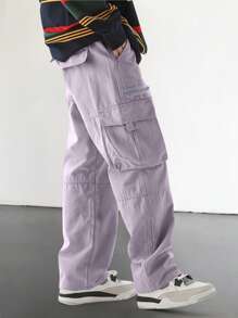 Claim Dot 男式宽松工装裤，带翻盖口袋 - 淡紫色 - 查看 4