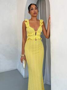 SHEIN BAE 性感镂空钩针纹理荷叶边盖袖露背系带优雅长款鱼尾连衣裙夏季 - 黃色 - 查看 5