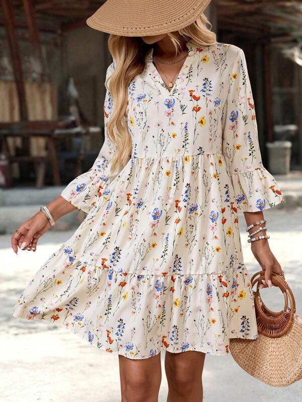 EMERY ROSE Rochie mini pentru femei, cu imprimeu floral, decolteu în V, mâneci evazate, ținută de vacanță