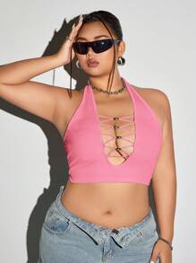 SHEIN ICON Plus Size Slim Fit Deep Halter Neck Beaded Decor Halter Tank Top For Summer - Pink - View 3