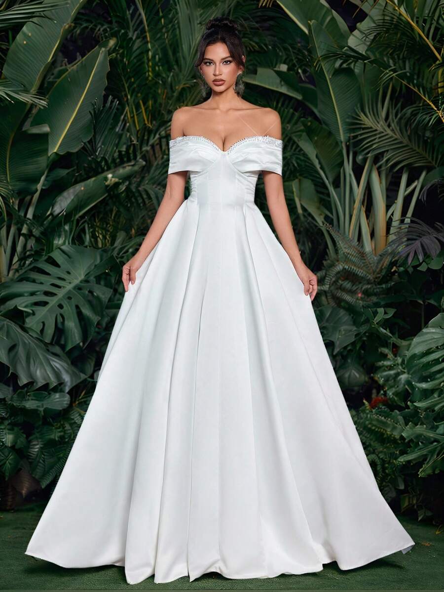 Glamrae Elegant White Satin Simple & Generous Off Shoulder Neckline Luxurious Pearl Rhinestone Decor Cinched Waist Flared A-Line Hem Adjustable Back Tie Trailing Bridal Wedding Dress, Bride - White - View 1