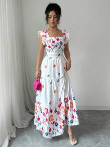 Vestido informal largo con diseño de cuello cuadrado, mangas de campana y cintura ceñida con estampado multicolor, ideal para vacaciones - Verde - Ver 10
