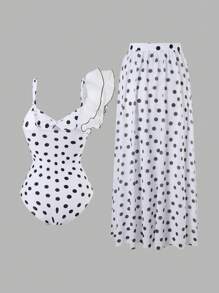 Swim Oasis Plus Size Women 2 Pieces Swimsuit Set, Random Polka Dot Print, Minimalist Design, Sleeveless One Piece Swimsuit, Beachwear For Daily Wear, Summer - Black and White - View 7