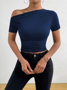 Elenzga Women's Solid Color Ruched Strappy Slim Fit T-Shirt, Summer - Navy Blue - View 5