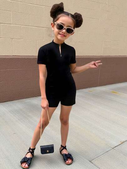 SHEIN Mono deportivo casual de ajuste ceñido con cuello alto y media cremallera, de unicolor, para niña joven