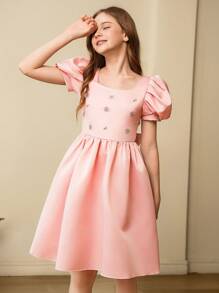 SHEIN Robe de fête mi-longue élégante et luxueuse aux manches bouffantes roses, convient pour les fêtes, les mariages, les vacances, les anniversaires et plus encore - Rose bonbon - Voir 6