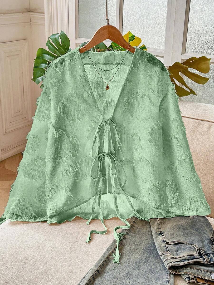 INAWLY Women's 3D Fabric Tied Bow Cardigan Blouse Fall Cloth For Women - Mint Green - View 1