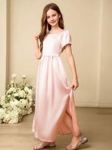 SHEIN 女童泡泡袖方领连衣裙，柔粉色飘逸公主裙，适合儿童婚礼、宾客、伴娘、生日仪式 - 粉色 - 查看 3