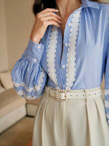 Anewsta Nueva camisa de oficina azul a rayas de estilo retro