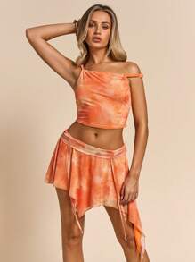 Glamine Women's Summer Floral Burnt Orange Asymmetric Neck T-Shirt & Ruffle Mini Skirt 2-Piece Set,Matrix Street Wear Y2k Dance Vacation Holiday Outfits Set - Orange - View 6