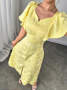 Modelyn Floral Jacquard Solid Color Dress, Fashionable For Summer - Yellow - View 3