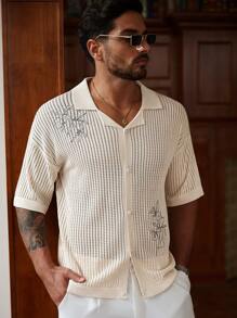 Manfinity Homme Men's Floral Pattern Front Button Summer Short Sleeve Knit Sweater  Men Clothes For Summer Men's Old Money - Khaki - View 4