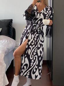 DAZY Women's Floral Print & Lace Patchwork Bathrobe Pajama - Black - View 5