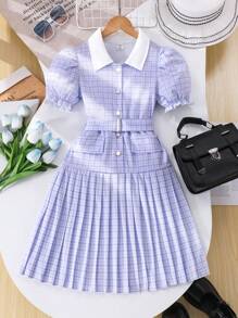 Váy phong cách học thuật thanh lịch thường ngày cho bé gái tuổi mới lớn, váy chữ A xếp ly cổ bẻ, vải họa tiết màu tím, tay bồng, có thắt lưng, thích hợp cho các buổi đi chơi, kỳ nghỉ, đi học, mùa xuân/hè - Màu tím hoa cà - Xem 2