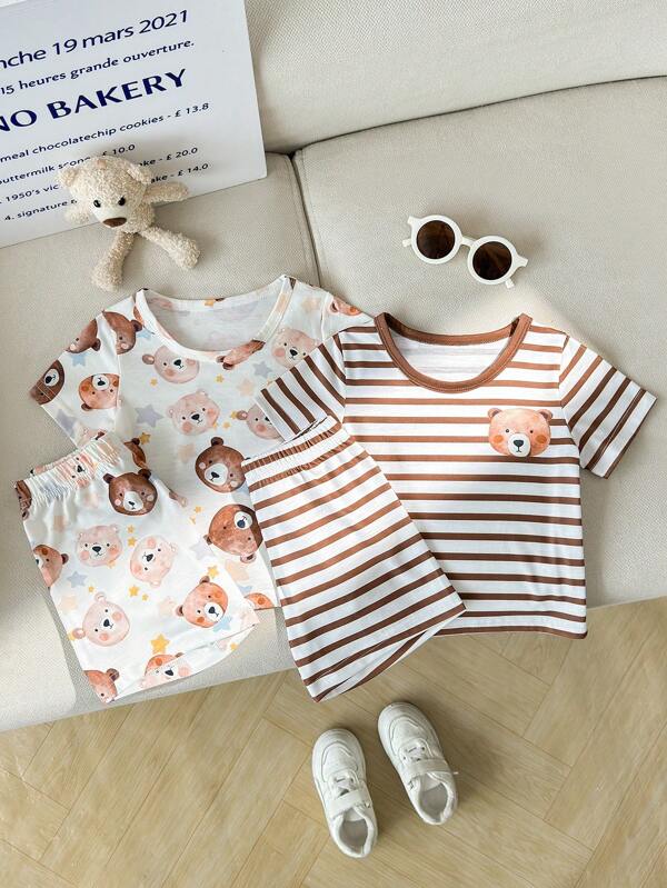 2 Sets Baby Mädchen Neugeborene/Kleinkind 0-3 Jahre Frühling/Sommer Lässig süßer Teddybär Grafik T-Shirt, Shorts 4 Stücke Outfit, Säuglings Frühlings-/Sommer-Bären-Outfit-Set