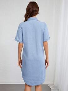 SHEIN Maternity Solid Color Front Button Asymmetrical Hem Short Sleeve Denim Dress - Light Wash - View 2