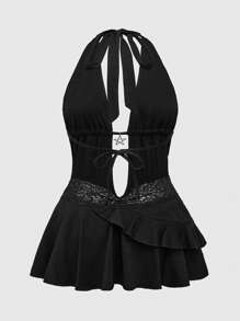 ROMWE Goth Y2K Sexy Starry Rhinestones Pendant Backless Women Halter Dress - Black - View 4