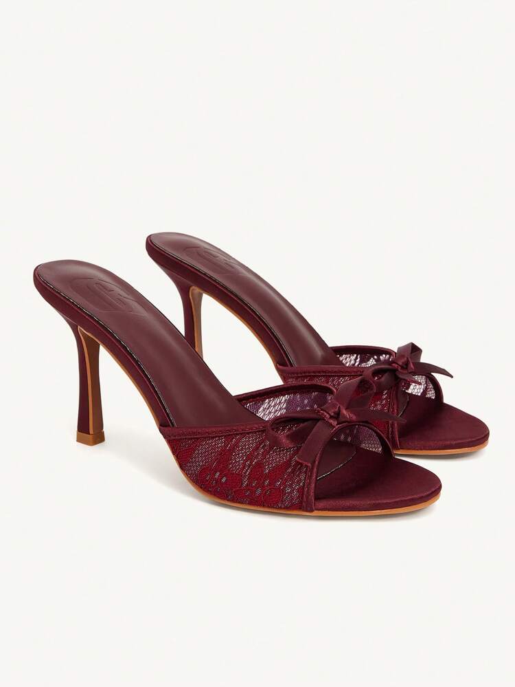 CUCCOO CHICEST Women's Wine Red Satin & Mesh Bow Design Fashion Round Toe High Heel Mules For Christmas Elegant Shoes Wedding Shoes Summer Shoes Bride Shoes