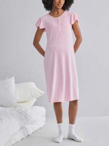 BloomMama Maternity Long Sleeve Nursing Rib Nightgown With Button,Fashion Loungewear Sleepwear Pajama Dress Sleep Shirt - Pink - View 8