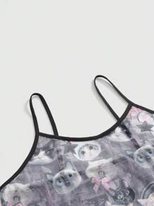 ROMWE Goth 加大码哥特式黑猫报纸印花缎面吊带背心和短裤睡衣套装