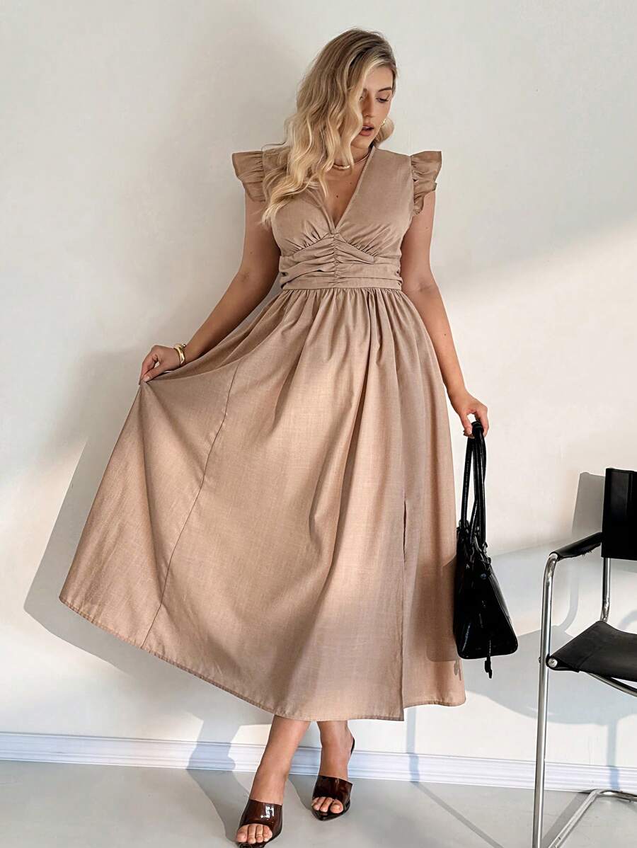 Auralis 加大码女式亚麻风格连衣裙，长款连衣裙，女式夏季服装，女式太阳裙，波西米亚风度假连衣裙，亚麻连衣裙，女式仙女裙 - 卡其色 - 查看 1